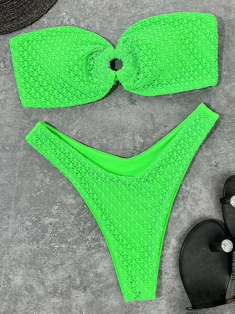 Wrinkled Fishnet Strapless Bandeau Bikini