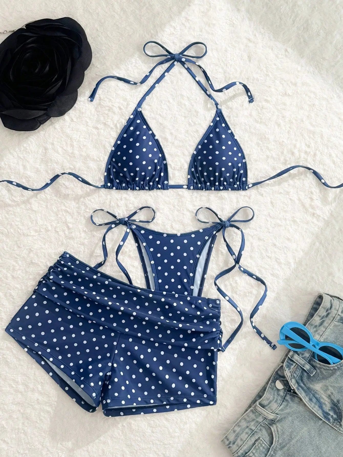 With Shorts Polka Dot Halter Mini Micro Thong Bikini
