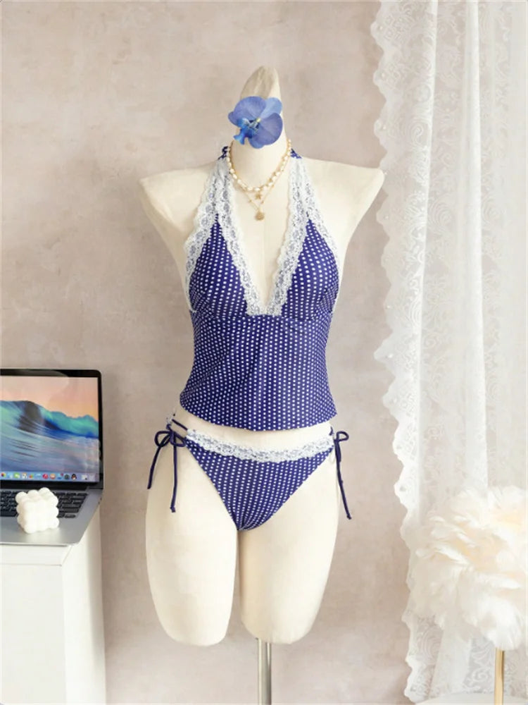 Sexy Blue Polka Dot Print Bikini Set