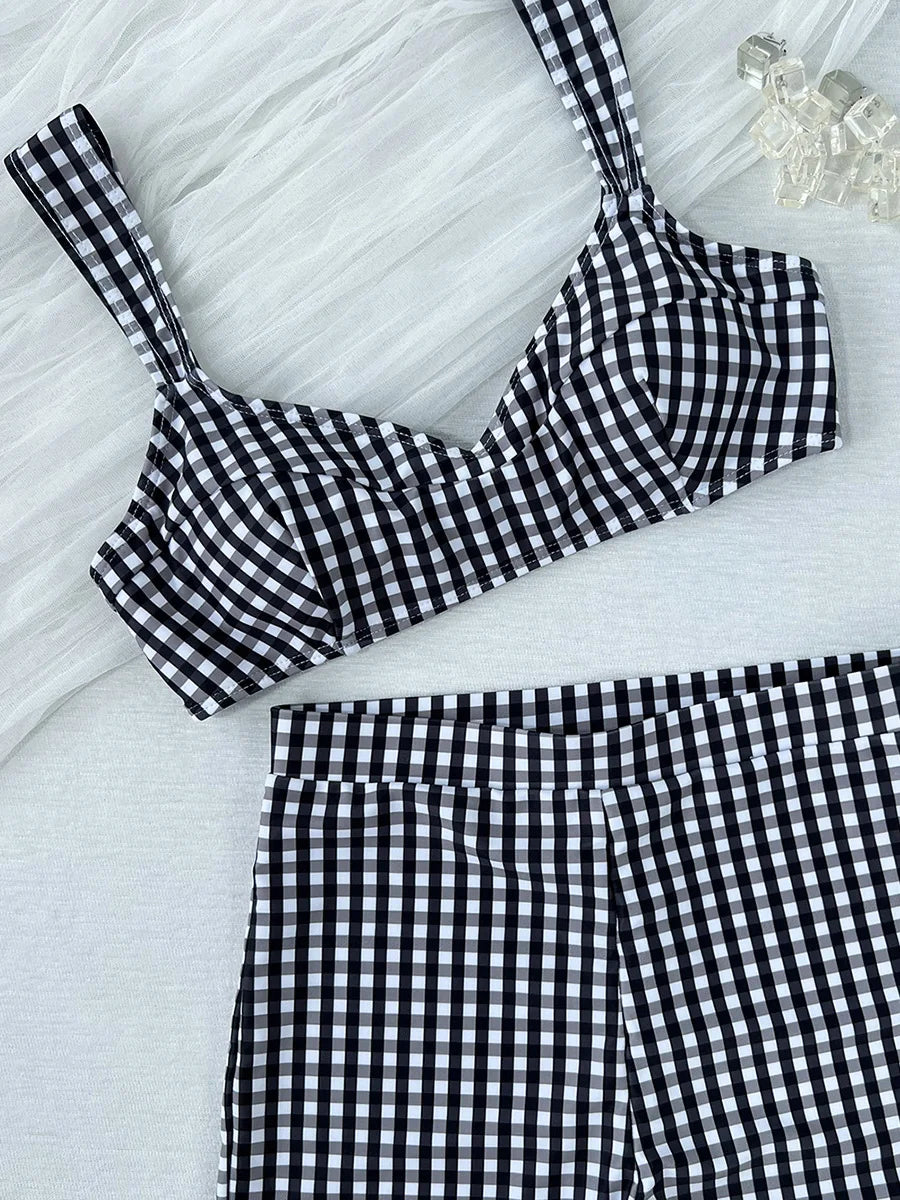 Plaid V Neck Shorts Female Swimsuit