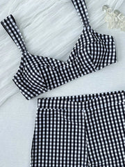 Plaid V Neck Shorts Female Swimsuit