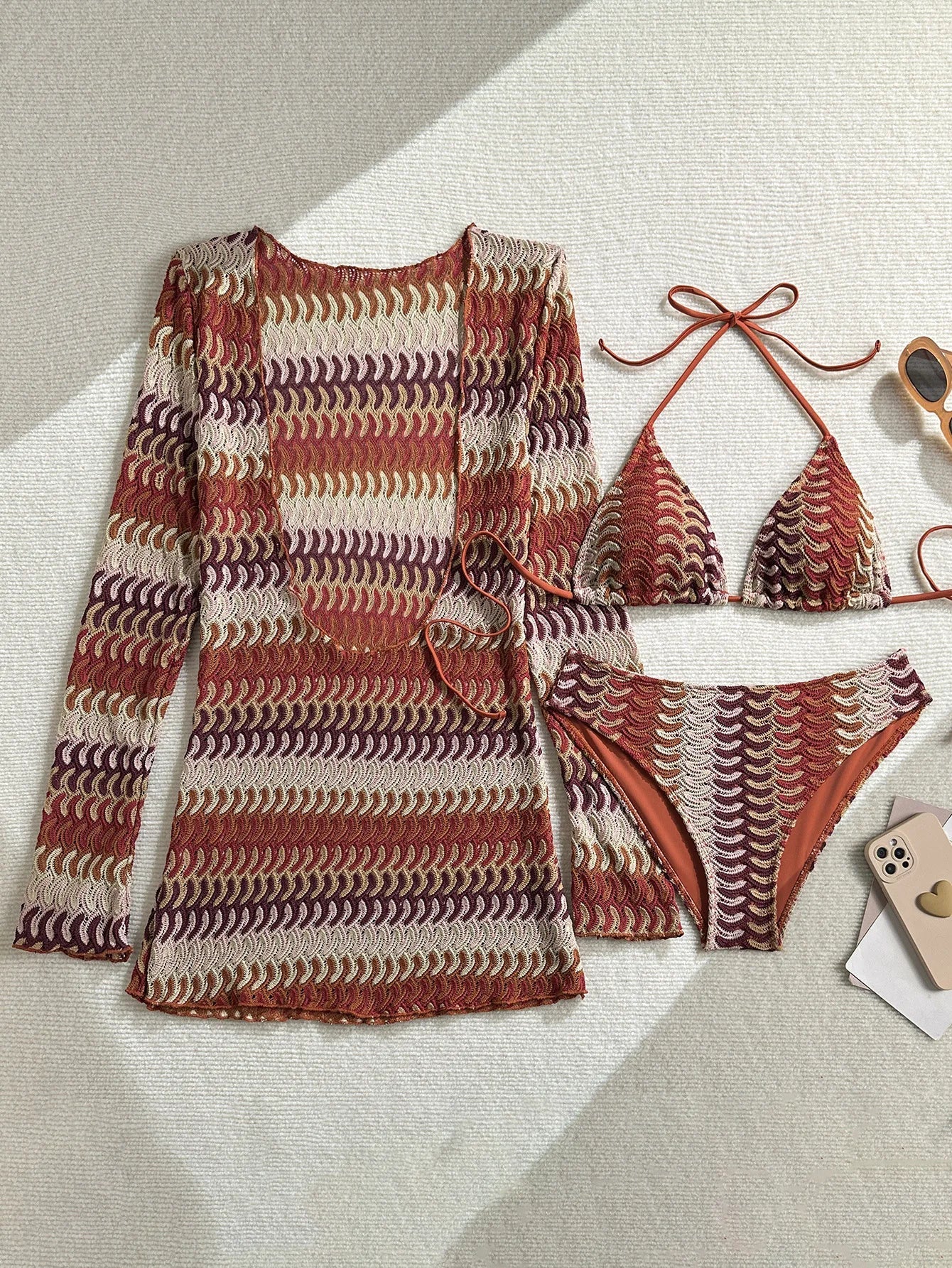 Vintage Coffee Striped Long Sleeve Dress 3 Piece Bikini Set