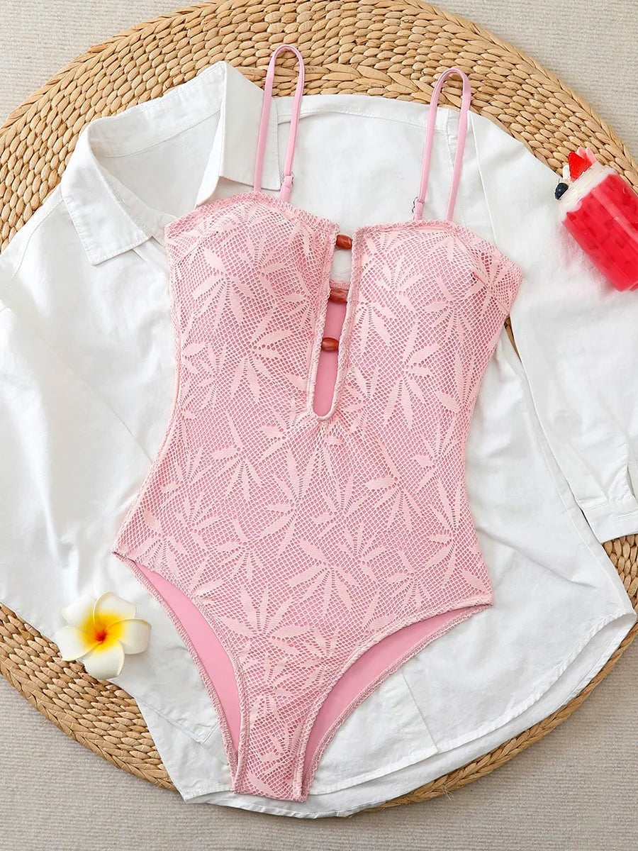 Leaves Printed Mesh Hollow Out Women Swimwear One Piece Swimsuit