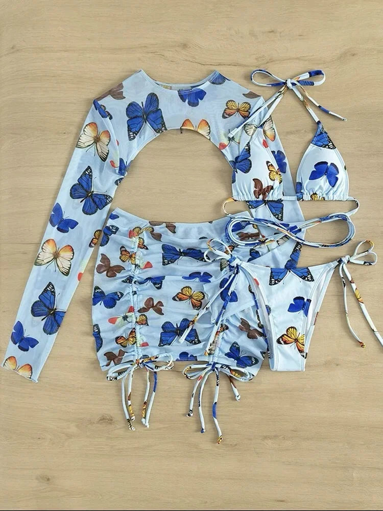 Long Sleeve Printed Halter Bikini