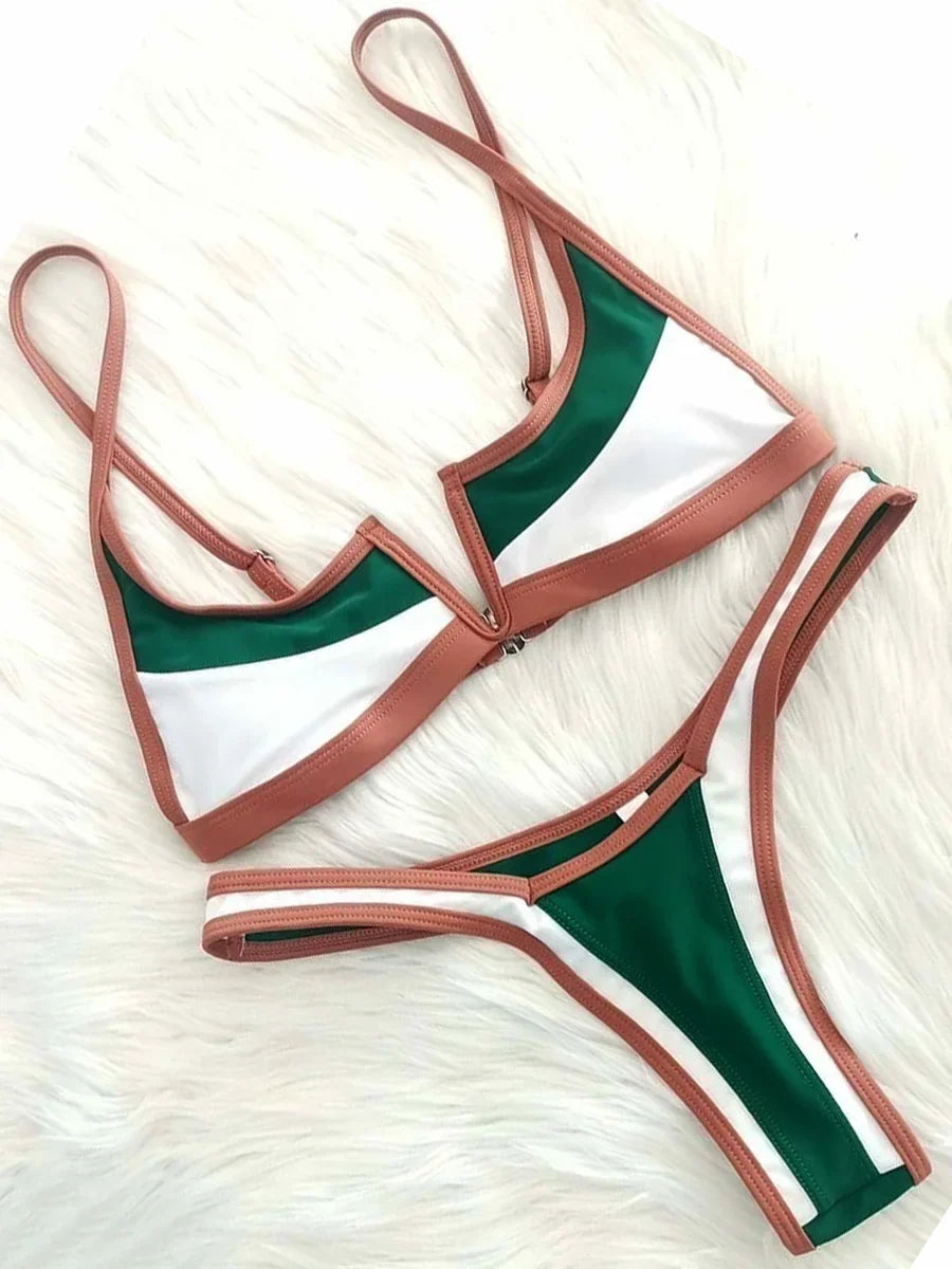 S - XL Splicing V Shaped Thong Bikini