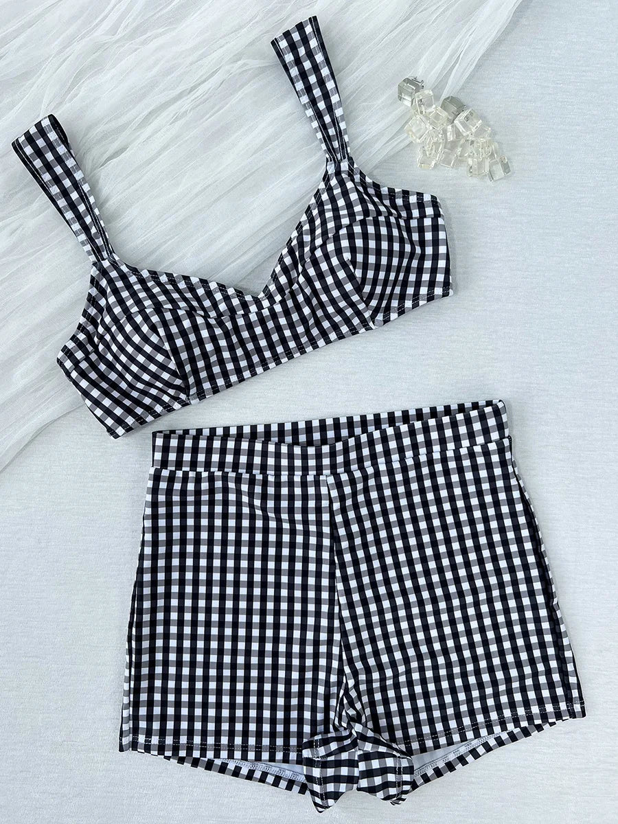 Plaid V Neck Shorts Female Swimsuit