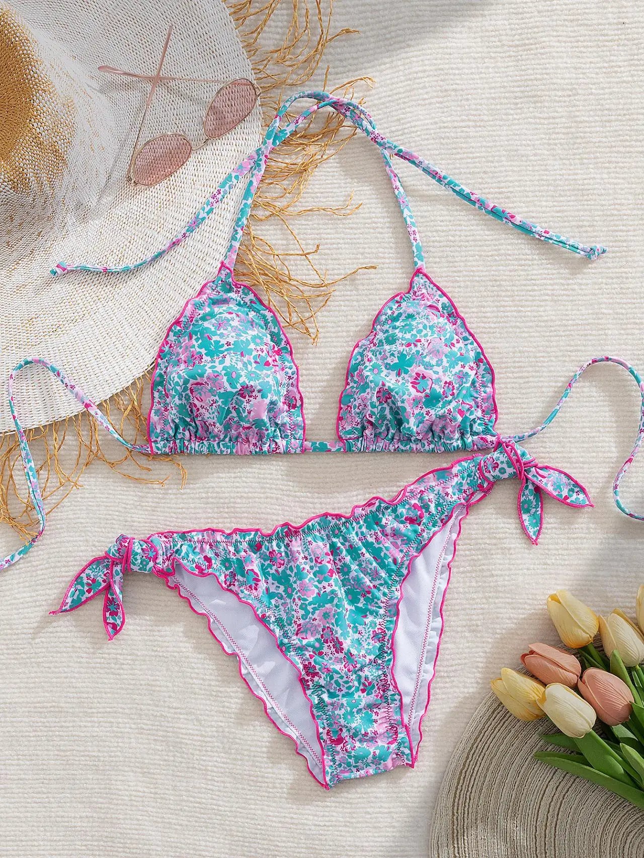 Cute Orange Floral Print Bikini Set