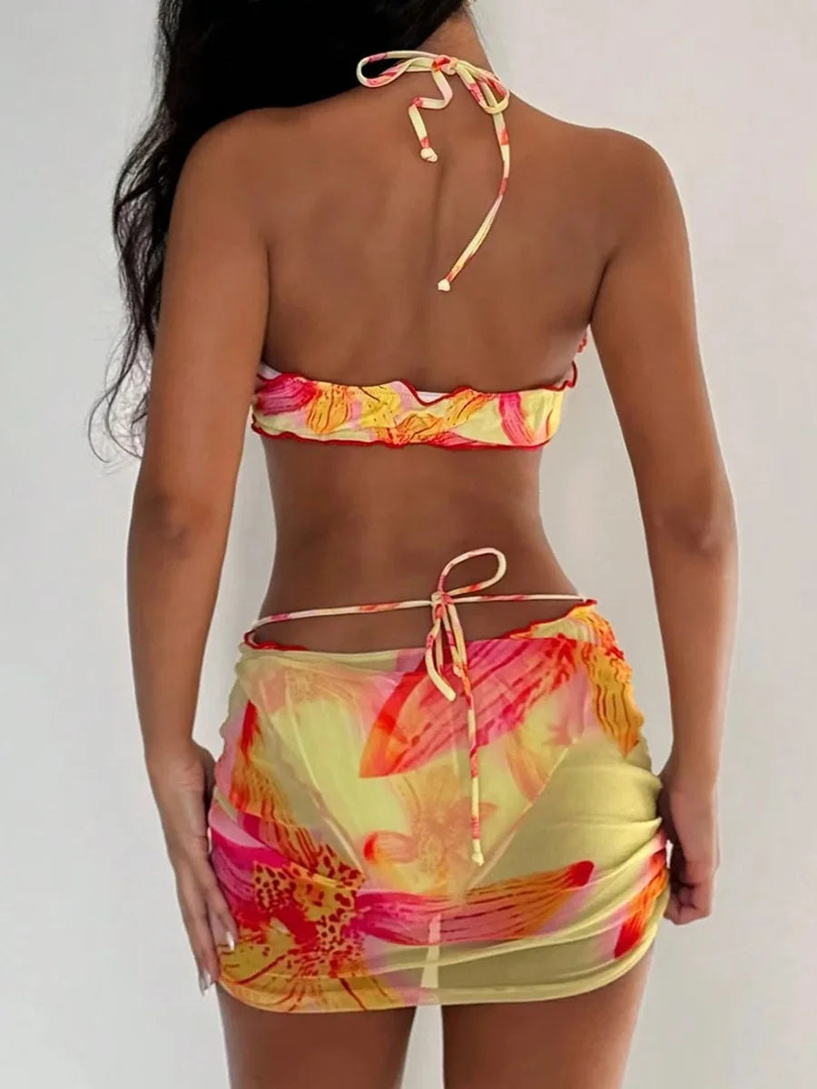 3D Flowers with Mesh Skirt Halter Bandeau Bikini