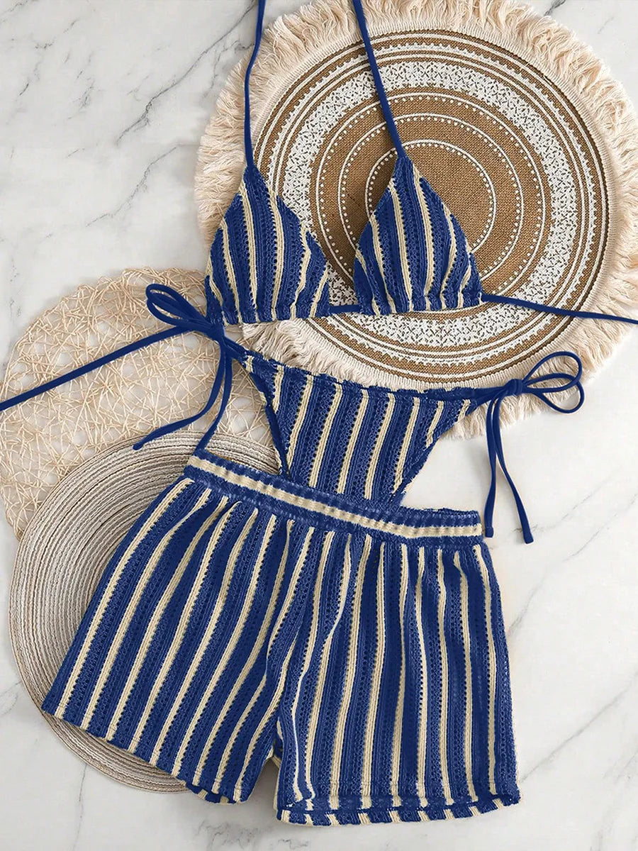 3PCS With Shorts Stripe Halter Fishnet Bikini
