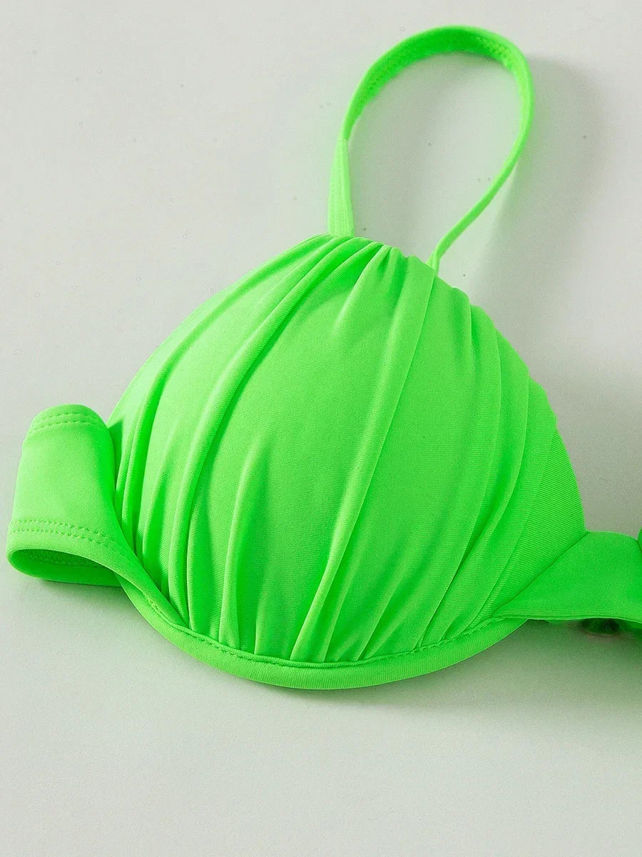Neon Green Wrinkled Underwired Bra Cup Bikini