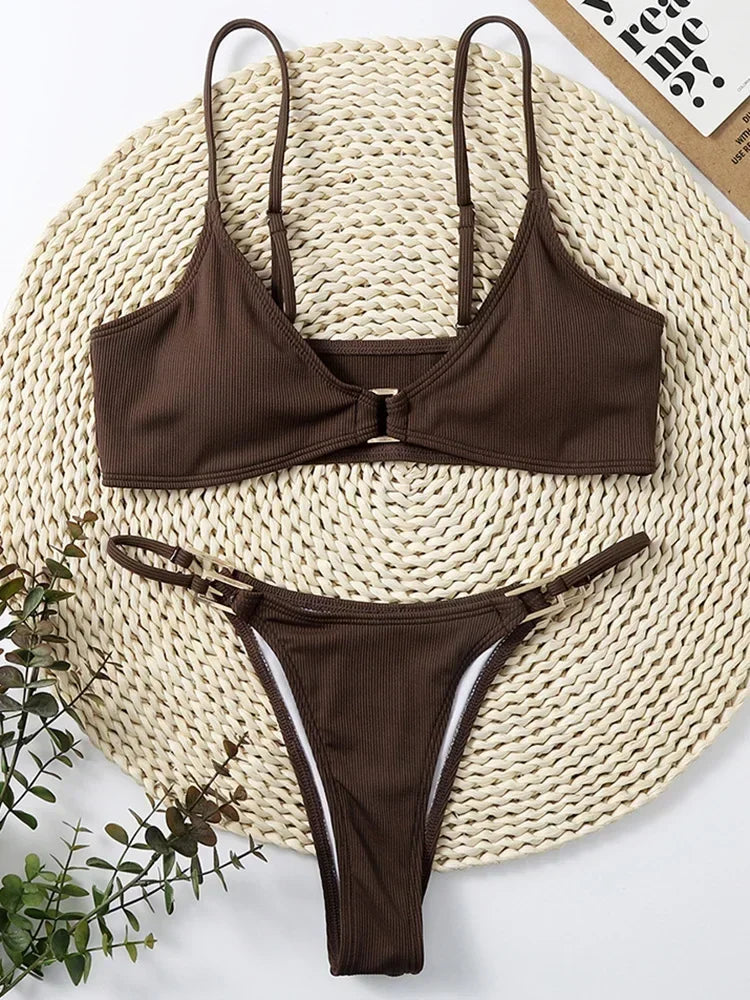 Sexy Ribbed Metal Rings High Cut Bikini