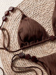 Ribbed Beaded Push Up Bra Bandage Thong Swimsuit
