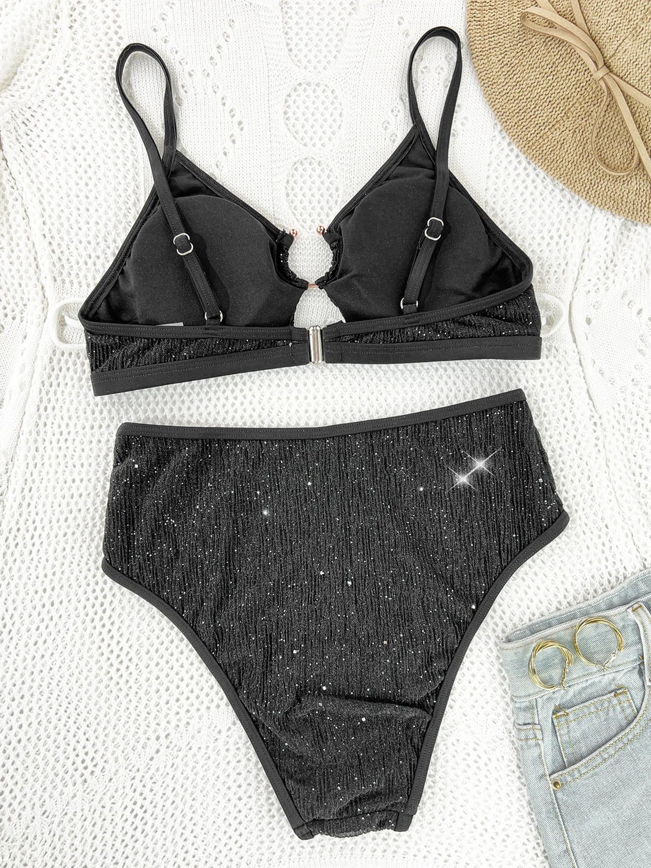 Shiny Sequin Black Bikini Set