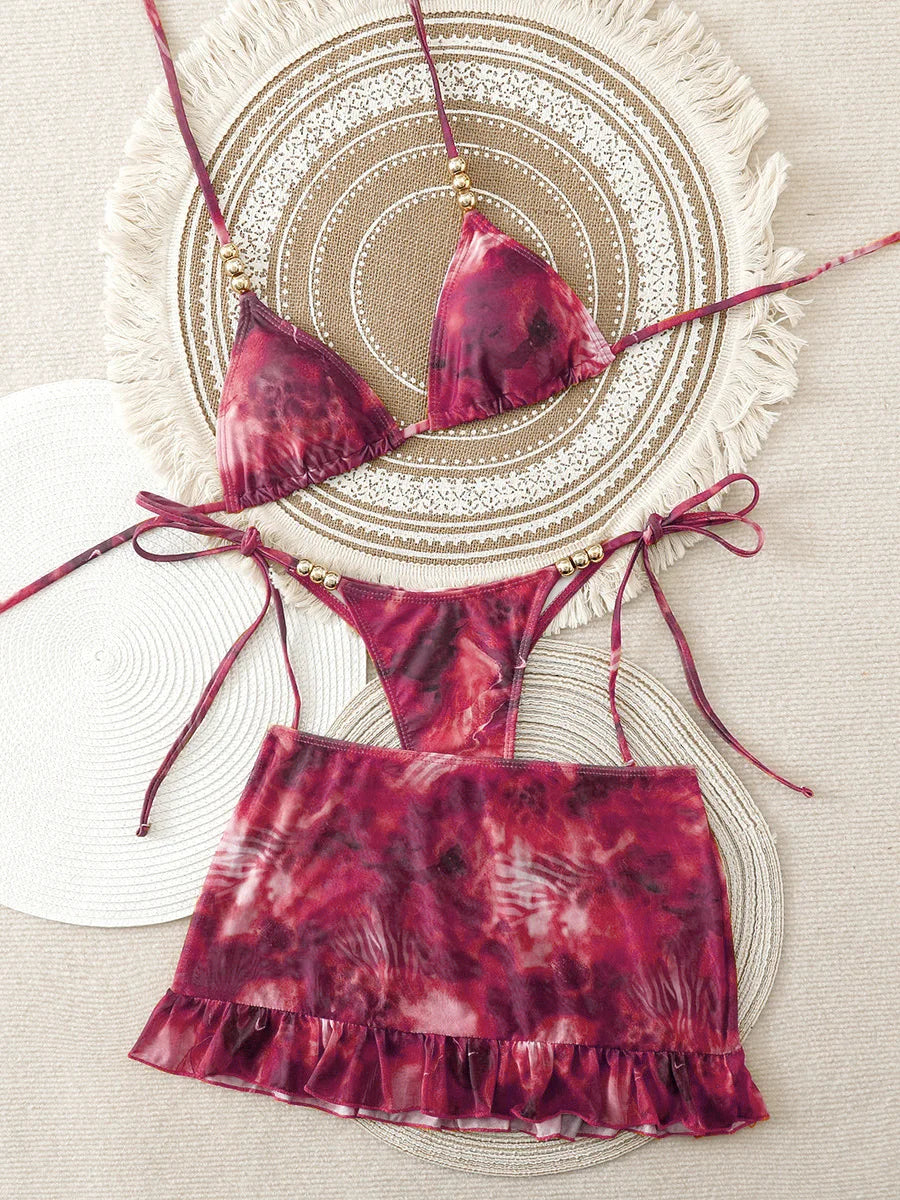 With Skirt Print Halter Micro Thong Bikini