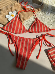 3PCS With Shorts Stripe Halter Fishnet Bikini