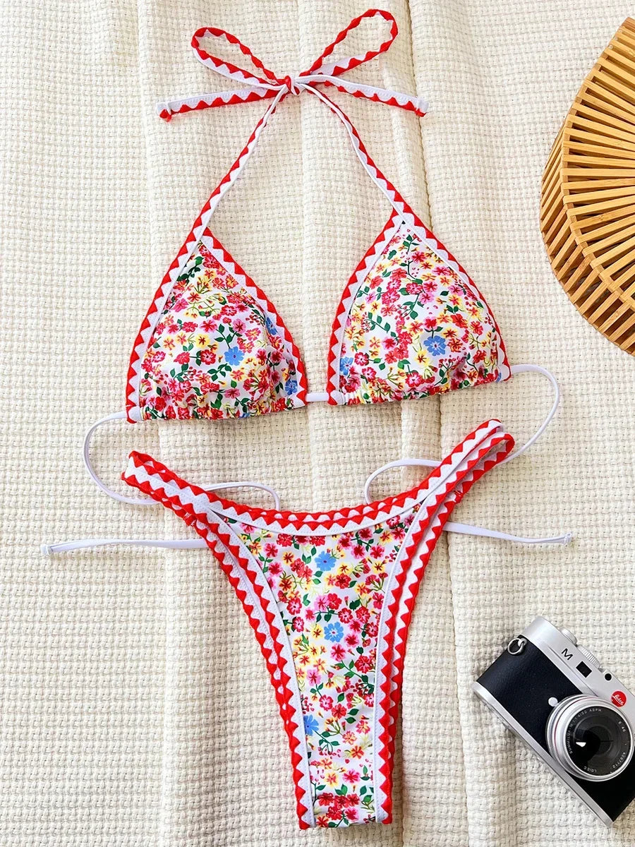 Floral Print High Cut Halter Bikini