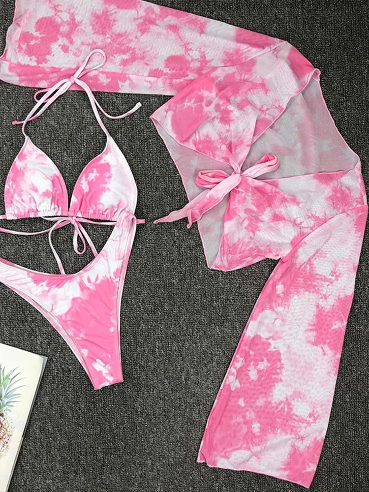 Marble Printed Mesh Long Sleeve Bikini