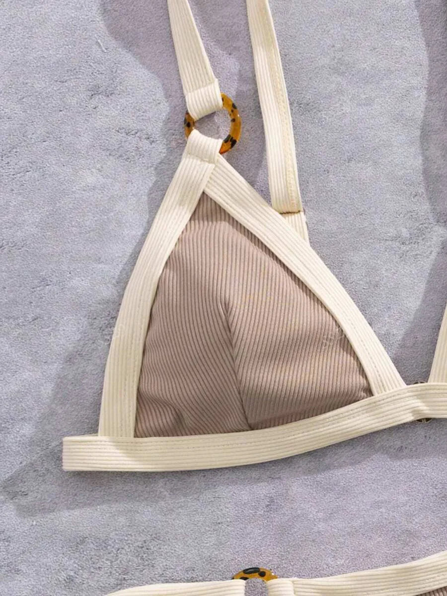 Splicing Ribbed High Cut Rings Bikini