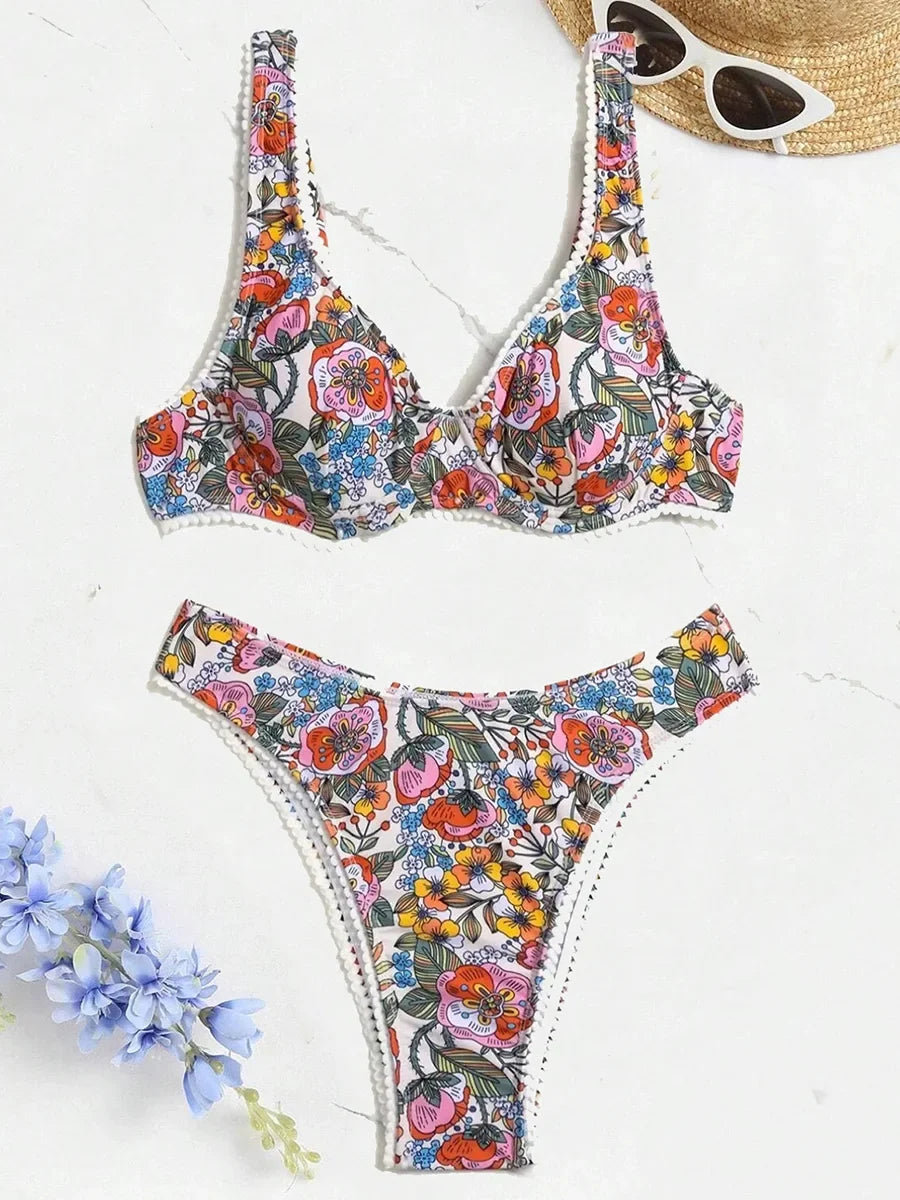 Floral Print Underwired V-Bar Bikini