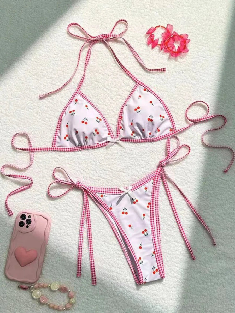 S - XL Cherry Printed High Cut Bikini