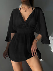 Women Sheer Mesh Cover Up Solid Black White Short Sleeve Beach Cover-Up Swimsuits
