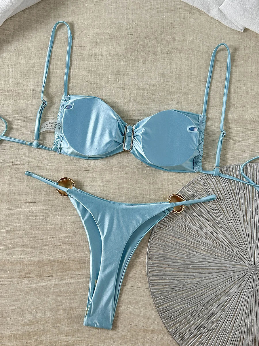 Metal Buckle Satin Bikini