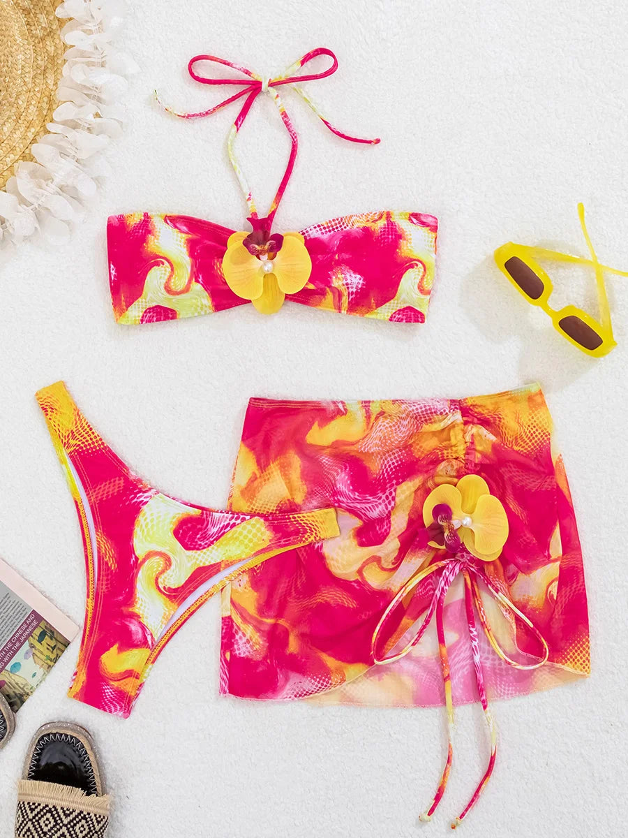 with Mesh Skirt 3D Flowers Halter Bandeau Bikini