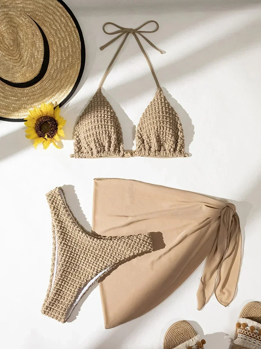 with Mesh Sarong Skirt Wrinkled Halter Bikini
