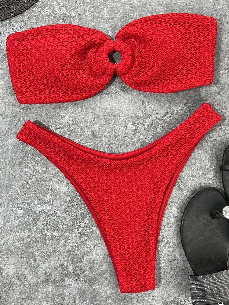 Wrinkled Fishnet Strapless Bandeau Bikini
