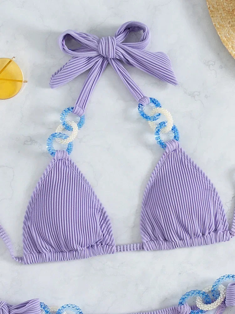 Sexy Halter Rings Ribbed Bikini