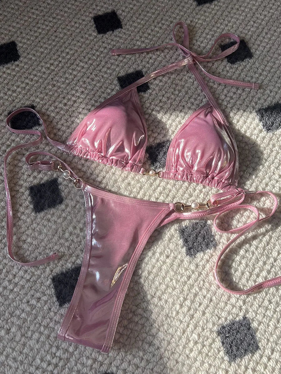 PU Leather Pearls Bikini
