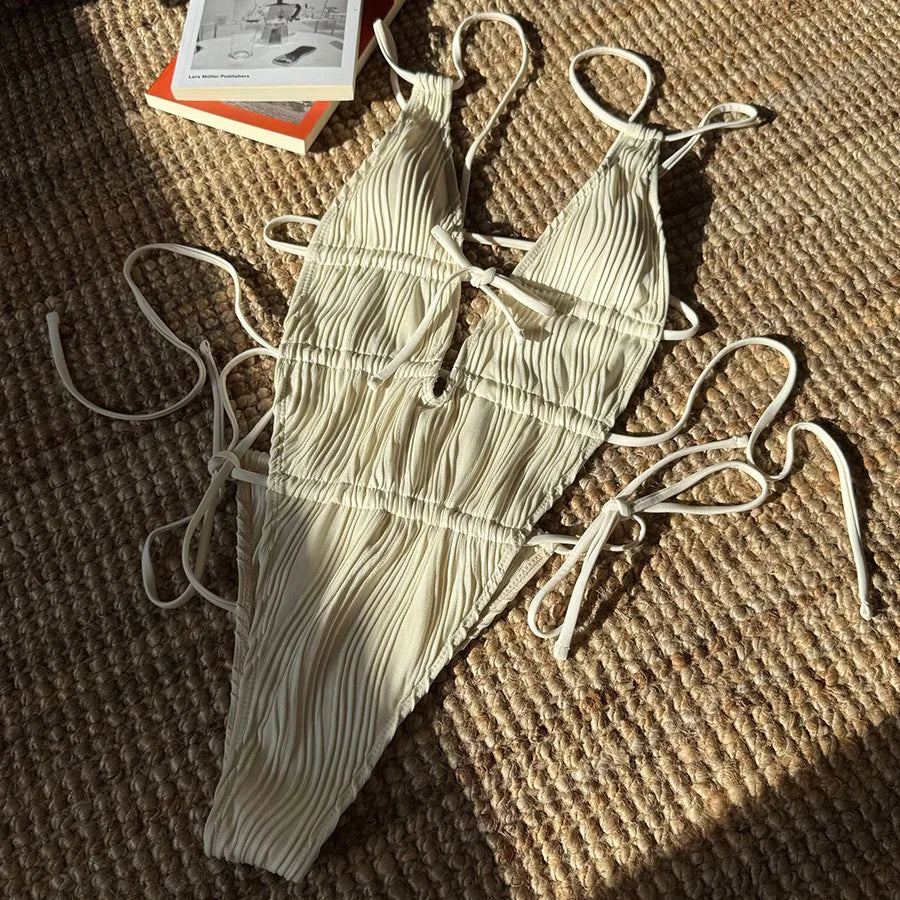 Deep V Neck Halter Wrinkled Female Swimwear One Piece Swimsuit