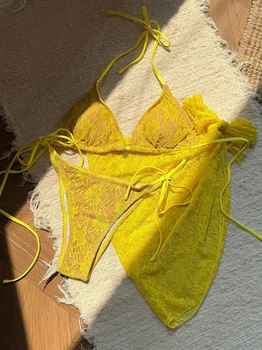 with Mesh Sarong Lace Halter High Cut Bikini