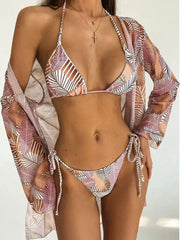 With Cover Up Leaves Printed Bikini