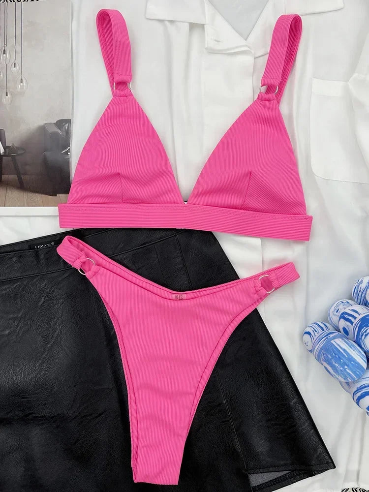Ribbed Triangle High Cut Bikini