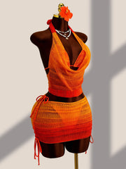 Sexy Orange Knitted Cover Up+drawstring Side Skirt 4 Piece Bikini Set