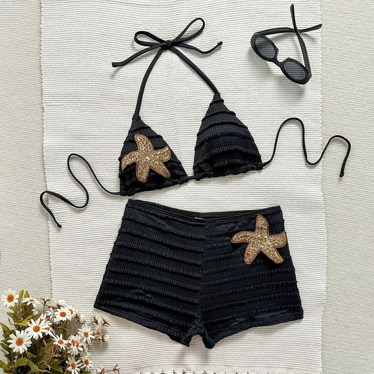 Sexy White Black Starfish Ornament Bikini Set