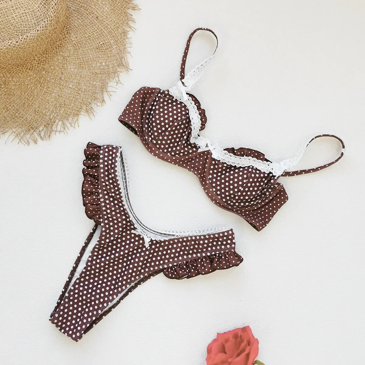 Sexy Coffee Polka Dot Print Micro Bikini