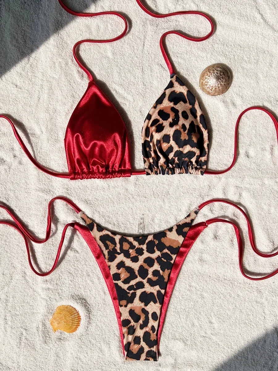 Halter Splicing Leopard Satin Bikini