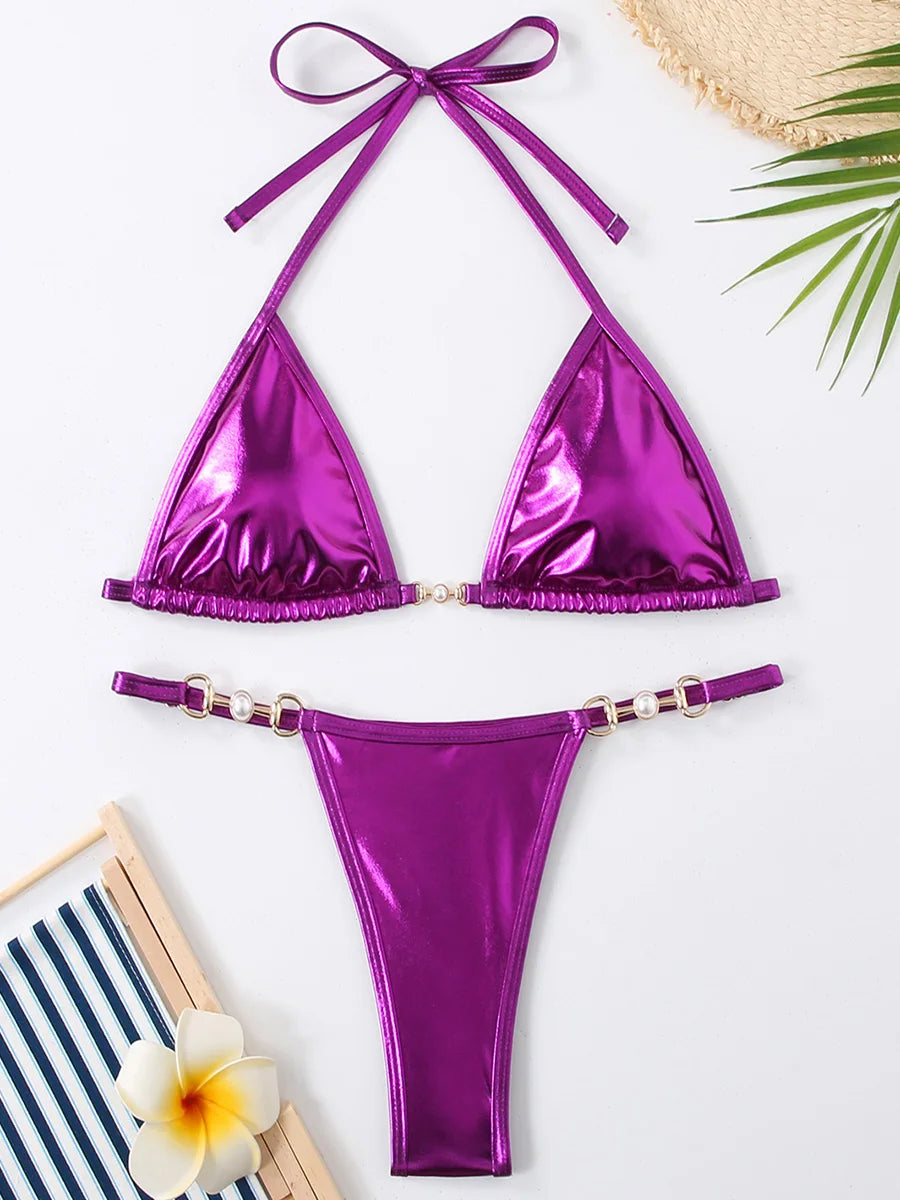 PU Leather Pearls Bikini