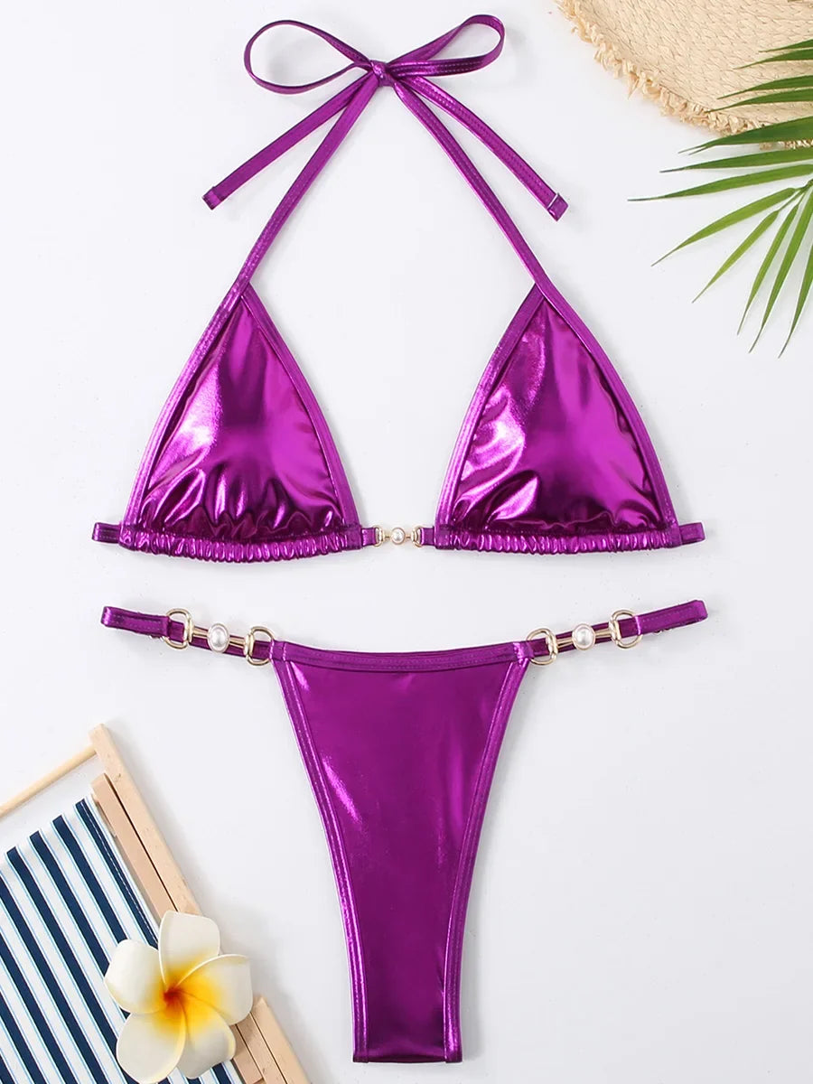 PU Leather Pearls Bikini