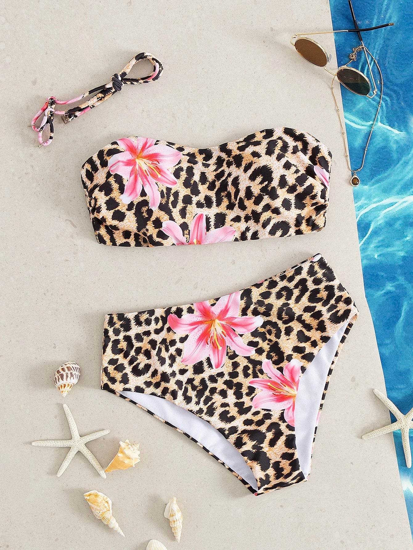 Pink Floral Leopard Print Push Up 2 Piece Swimsuit