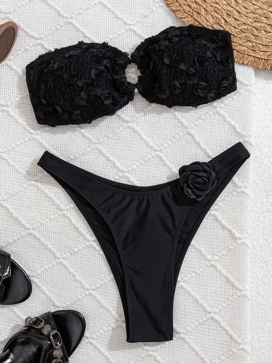 3D Flowers High Leg Cut Bandeau Bikini