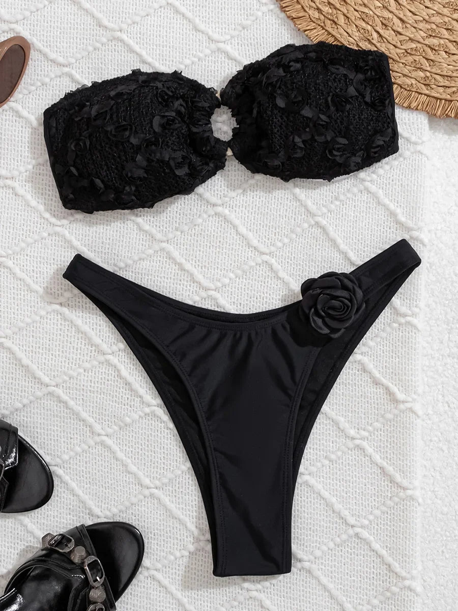 3D Flowers High Leg Cut Bandeau Bikini