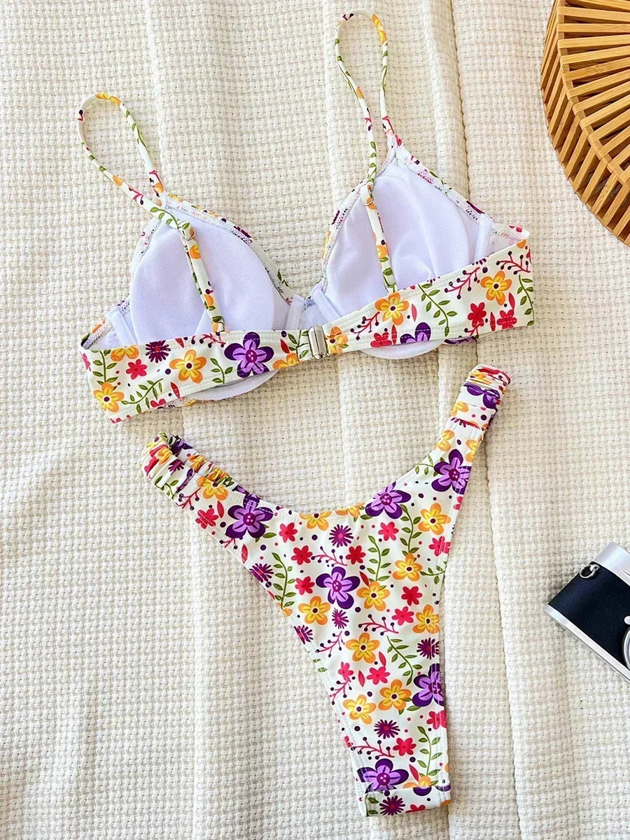 Flowers Printed Underwired High Cut Bikini