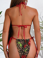 Leopard Cherry Print Halter High Cut Bikini