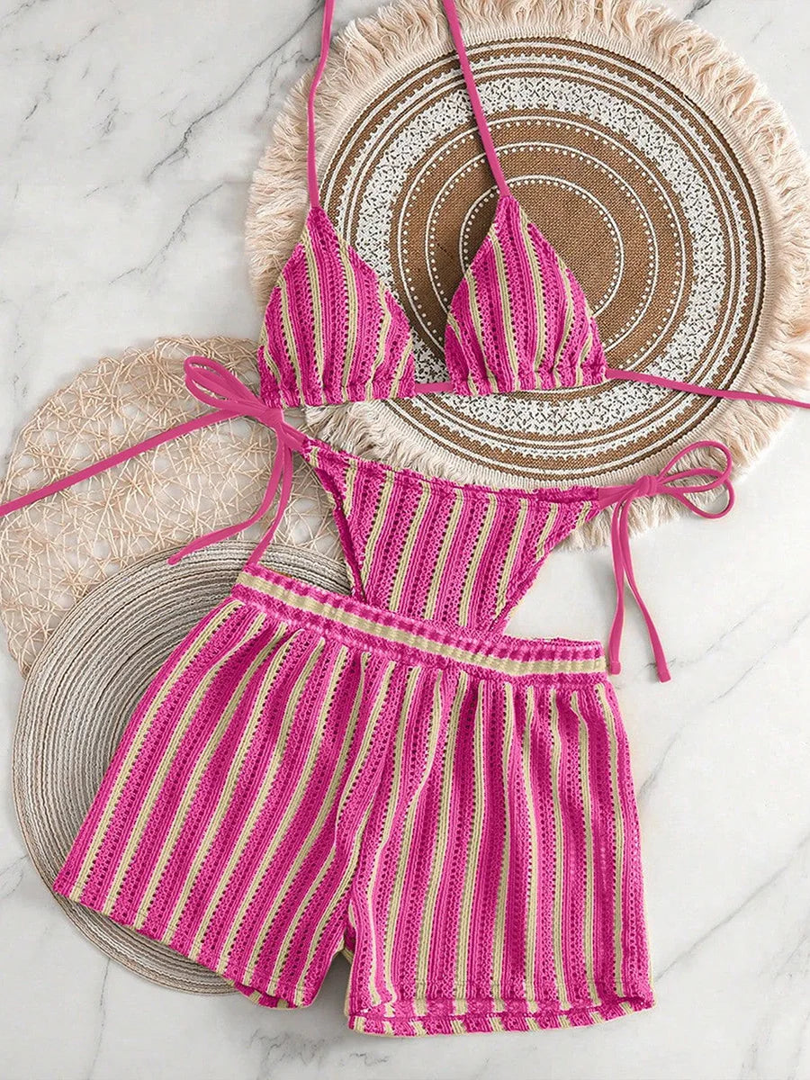 3PCS With Shorts Stripe Halter Fishnet Bikini