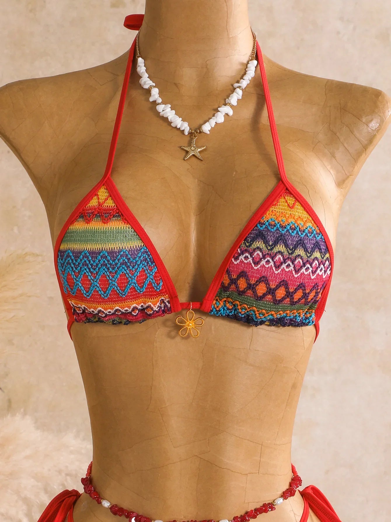 Vintage Red Striped Knitted Skirt 3 Piece Bikini Set