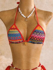 Vintage Red Striped Knitted Skirt 3 Piece Bikini Set