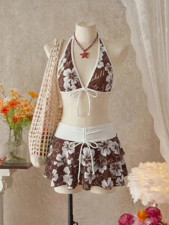 Vintage Pink Floral Print Contrast Bikini Set